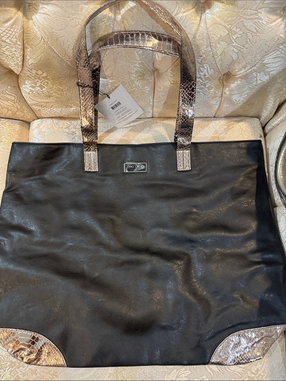 Jimmy Choo Black Tote Bag with Metallic Snake-Effect Handles